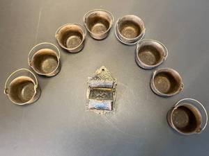 lot 165 image: 8 John Wright Inc #2042 cast iron handled pots  antique Venus & Cupid match holder