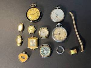 lot 237 image: lot of 10 watches, incldg. 3 pocket watches Westclox, Timex, Gloria Vanderbilt, Nastrix  some parts