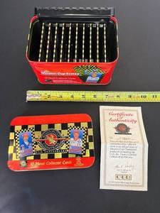 lot 202 image: box of 10 metal Winston Cup Champions 25th Anniversary Collector Cards in tin box w cert. of authenticity