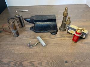 lot 203 image: cool hard-core tools  anvil, hand torches, mini fire extinguisher, ILWU hook, amazing brass double-nozzle