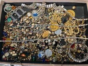lot 223 image: jewelry grab bag  includes 3 perfectly good rhinestone necklaces  one-offs, broken pieces, beads, - have fun