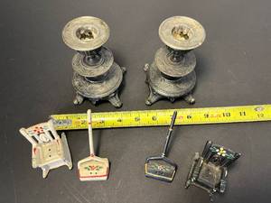 lot 183 image: 2 sets unique vacuum & rocking chair saltpepper shakers from Japan  pair of antique carved pot metal candlesticks