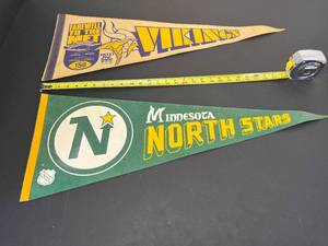 lot 194 image: 3 flags  vintage MN Vikings, vintage MN NorthStars, & tri-fold US Flag