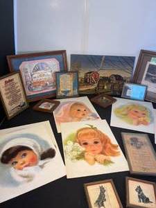 lot 197 image: 1950s60s Charmin Toilet Paper Girls  assorted vintage art prints, many framed  old sampler