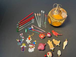 lot 199 image: Christmas in June  Why not  holiday decorations - 2 Victorian glass ornaments - swizzle sticks & more  ornate glass & filigree treasure box