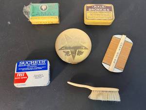 lot 169 image: vintage beauty goodies Camay, Bronkies, Sucrets, Elgin American, handpainted Japanese wood comb
