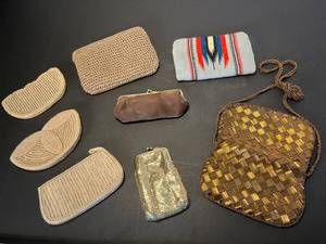 lot 181 image: pearl-studded clutch purses, crocheted clutch, cigarette case, Venetian glasses case, bugle bead purse - 9 pieces total