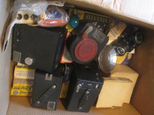 (DL) Box of Vintage Cameras and Fl...