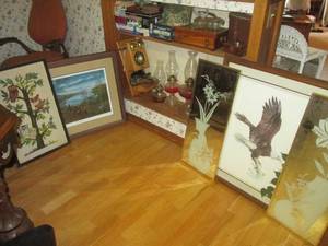 lot 80 image: Vintage Oil Lamps, Framed Wall Deco...