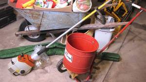 lot 10 image: Wheel Barrel, Seed Spreader, Weed Whip plus..