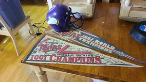 lot 418 image: Vikings replica helmet and Twins fa...