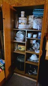 lot 421 image: Tall wood storage cabinet and all t...