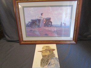 lot 28 image: Cowboy Print & Hand Painted Tile