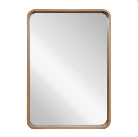 lot 76 image: WallBeyond 30 x 42 Round Corner Wall Mirror, Natural Wood