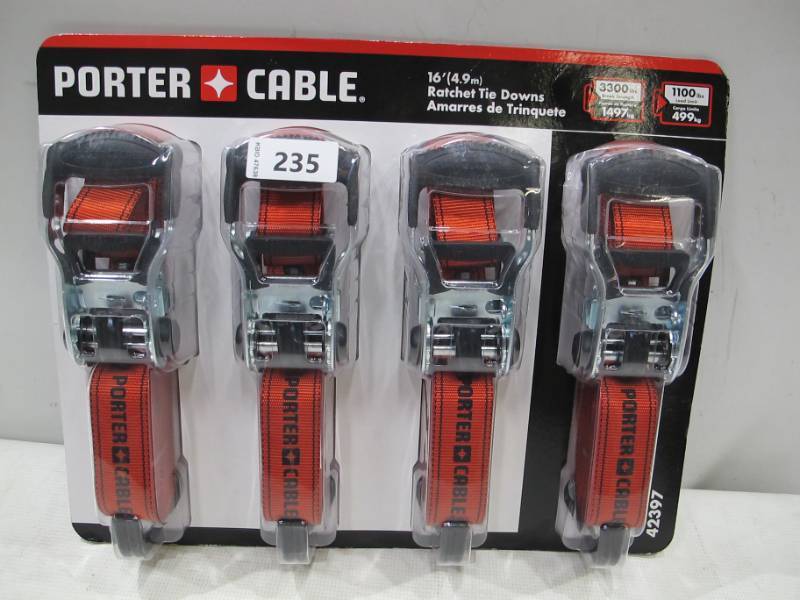 lot 466 image: NEW Porter Cable 1.5X 16 Rachet Tie Down Set (4 Pc.)