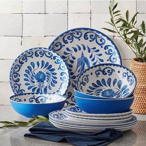 lot 378 image: NEW  Members Mark 12-Piece Bamboo Melamine Dinnerware Set - Blue and White