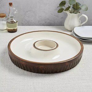 lot 398 image: NEW Members Mark 15-in. Mango Wood Chip & Dip Serving Platter - Ivory