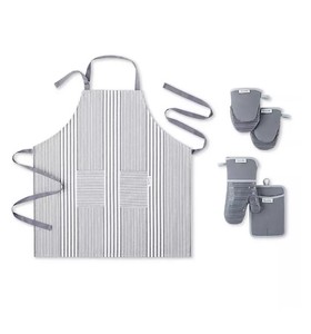 lot 421 image: NEW Sur La Table 5-Pc. Kitchen Textile Set - Apron, Oven Mitt, Potholder, Mini Mitt - Gray