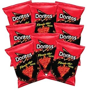 lot 502 image: NEW Case Pack of 64 bags of Doritos Flamin Hot Nacho Cheese Chips - 1.75 Oz per bag