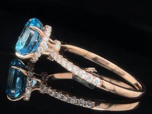 lot 20B image: Exquisite Hidden Halo Engagement Ring, Round Blue Topaz w Moissanite Halo in 14k Rose Gold. VIDEO