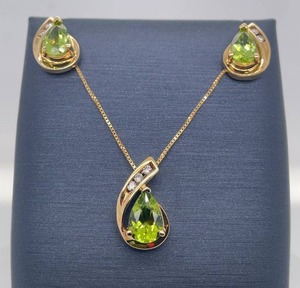 lot 21B image: Beautiful Set Natural Peridot Raindrop Pear & Diamond Matching Two-Piece Stud Earrings & Pendant Chain Necklace Set in 14k Yellow Gold $1,950 Retail