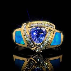 lot 8 image: Natural Tanzanite Trillion Cut Solitaire & Opal Inlay & Diamond Channel Halo Ring in 14k Yellow Gold - Designer HALLMARK, Probably Kabana $3,200 Retail VIDEO