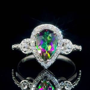 lot 13 image: NEW Dazzling and Colorful Pear Shaped Mystic Topaz Solitaire & Diamond Ornate Halo Ring in 14k White Gold $2,340 Retail VIDEO