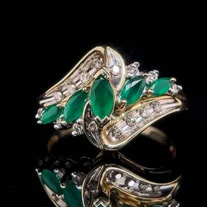 lot 16 image: 1.16 Carat  Natural Emerald & Diamond Laurel Leaf Marquise Cluster Anniversary Style Crossover Bypass Swirl Estate Ring in Yellow Gold $1,699 Retail VIDEO