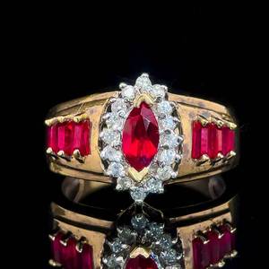 lot 18 image: Estate Find 1.65 Carat Ruby & Diamond Marquise Cluster Fancy Anniversary Estate Ring in Yellow Gold $1,640 Retail