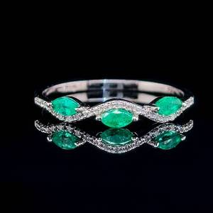 lot 22 image: Natural Emerald Three-Stone Marquise & Round Brilliant Cut Diamond Ribbon Zig-Zag Wave Ring in 14k White Gold $1,650 Retail
