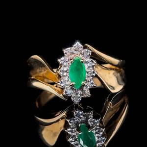lot 23 image: Fancy Diamond & Natural Marquise Emerald Cluster Bypass Double Shank Estate Ring in Yellow Gold $1,450 Retail