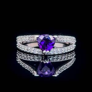 lot 24 image: Trillion Amethyst Solitaire & Round Brilliant Cut Diamond Split Shank Ring in Brightly Polished White Gold $1,550 Retail VIDEO