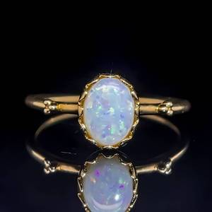 lot 29 image: Designer Inspiration Natural Oval Cabochon Opal Tulip Slim Wire Band Solitaire Ring in 14k Yellow Gold $1,099 Retail