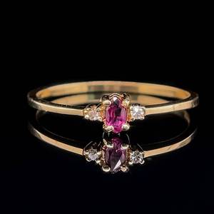 lot 37 image: Stackable Marquise Natural Ruby & Round Cut Diamond Three-Stone Slim Band Stacking Ring in Yellow Gold