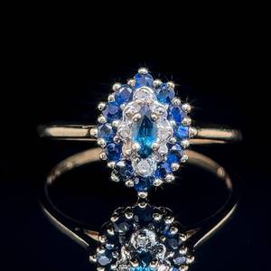 lot 31 image: Cluster Round Brilliant Cut Diamond & Blue Natural Sapphire Marquise & Round Cut Double Row Cluster Flower Ring in Yellow Gold $1,599 Retail VIDEO