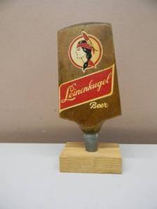 lot 2 image: VINTAGE DOUBLE SIDED WOODEN TAP HANDLE WBASE - LEINENKUGEL BEER INDIAN PRINCESS - GREAT OLD SCHOOL PIECE - SEE PICTURES