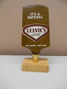 lot 3 image: RARE - VINTAGE DOUBLE SIDED WOODEN TAP HANDLE WBASE - LEINIES LIGHT ITS A NATURAL BEER - GREAT OLD SCHOOL PIECE - SEE PICTURES