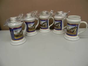 lot 8 image: 4 VINTAGE 1996 NUMBEREDLIMITED EDITION OLD STYLE LAGER LIDDED STEINS & 1 NON LIDDED - ILLUSTRATION By DAN NILLES PRODUCED BY CUI  - IN BOX - GREAT SET - SEE PICTURES