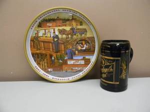 lot 16 image: VINTAGE 1991 Leinenkugels Limited Collectors Black MugStein - LIMITED EDITION 217 of 2000 & 125th ANNIVERSARY METAL BEER TRAY - GREAT PIECES - SEE PICTURES