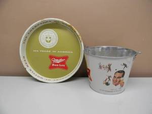 lot 21 image: VINTAGE 1950s MILLER HIGH LIFE Metal Beer Tray 100 YEARS IN AMERICA &  MILLER HIGH LIFE BEER ICE BUCKET BOWLING - NICE - AWESOME PIECES - SEE PICTURES
