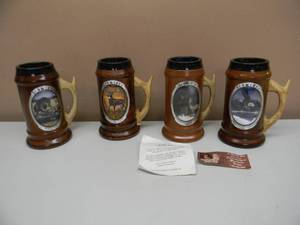 lot 25 image: SET OF 4 - VINTAGE SAMPSON Schmidts Beer WoodenAntler Beer Steins - 1993 AUTUMN BUCK 1994 AMERICAN BALD EAGLE 1995 BLACK BEAR 1996 NORTHWOODS TIMBERWOLF - NICE - FANTASTIC SET - SEE PICTURES