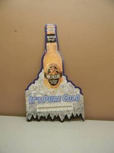 lot 46 image: VINTAGE MICHELOB GOLDEN DRAFT THERMOMETER BOTTLE TIN SIGN ITS PURE COLD - NICE - GREAT PIECE - APPROX 18 By 31 - SEE PICTURES