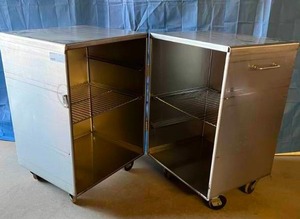 lot 78 image: MSRP $7000 Stryker Surgical Containment Stry-Kart Divided Table Heavy Gauge Stainless Steel Storage Cabinet Case Cart - Great Condition 40x36x24 Comes With 2 Wire Shelves