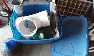 lot 208 image: Tote and Misc. Items. PVC Pipe, funnels, Copper tubing Kit and more.