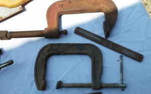 lot 245 image: Hand Saw, Clamps, and more.
