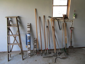 lot 37 image: Misc. Garden Tools, Tool Hangers, Step Ladder