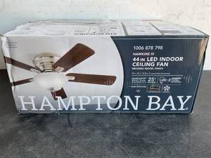 lot 64 image: Hampton Bay Hawkins III 44 in. LED Indoor Brushed Nickel Flush Mount Ceiling Fan with Light