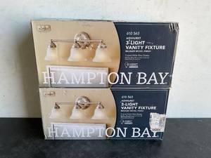 lot 66 image: Lot of Two Hampton Bay Ashhurst 3-Light Brushed Nickel Classic Traditional Bathroom Vanity Light with Frosted Glass Shades