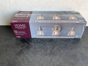 lot 68 image: Home Decorators Collection Evelyn 26.75 in. 3-Light Brushed Nickel Modern Industrial Bathroom Vanity Light with Clear Glass Shades
