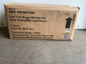 lot 6 image: StyleWell Park Trail Brown 4-Piece Wicker Patio Conversation Set with Light Brown Cushions